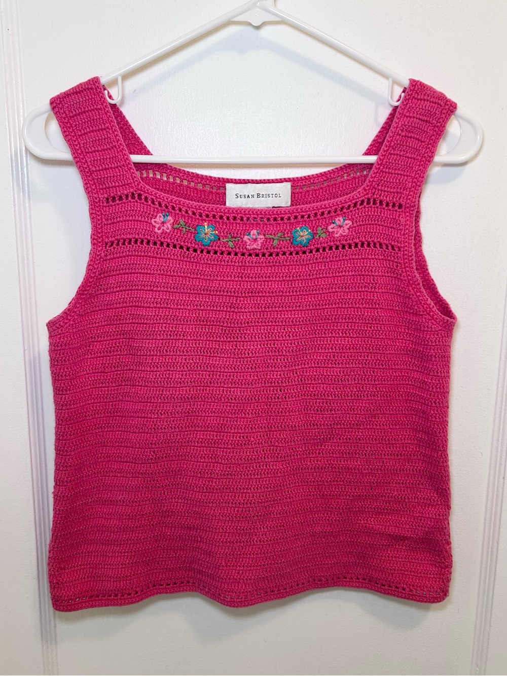 Susan Bristol Vintage Pink Crochet Cropped Tank  Square Neck Floral Embroidery M